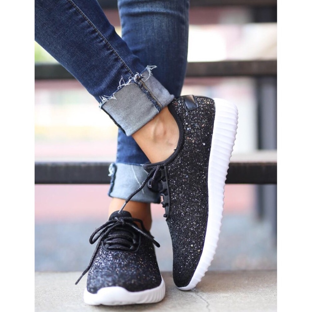 Black Sparkle Glitter Fly Sneakers Sz 5 - 10